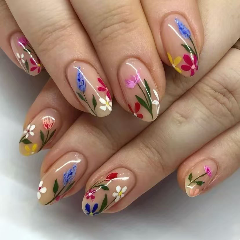 Pressed Flower Art - 24Pcs Proste migdałowe końcówki do paznokci