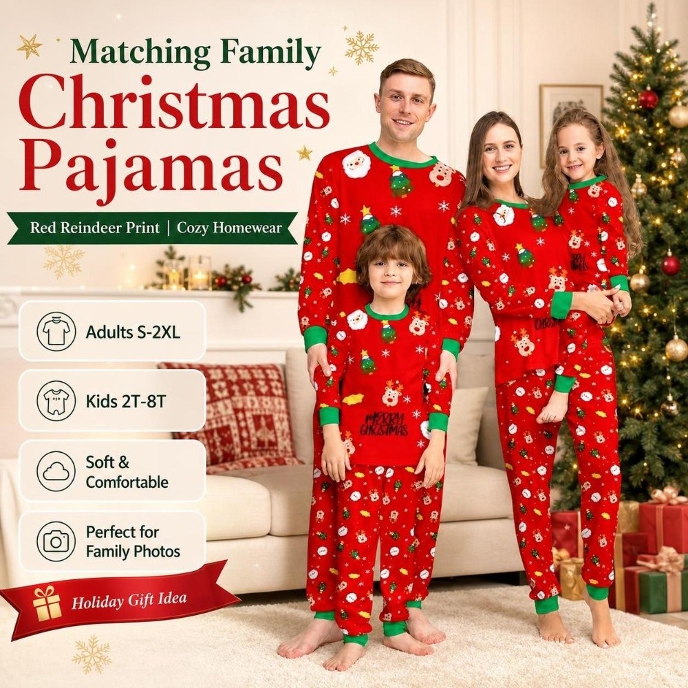 Family Tree Print - Zestaw świątecznych piżam z długim rękawem