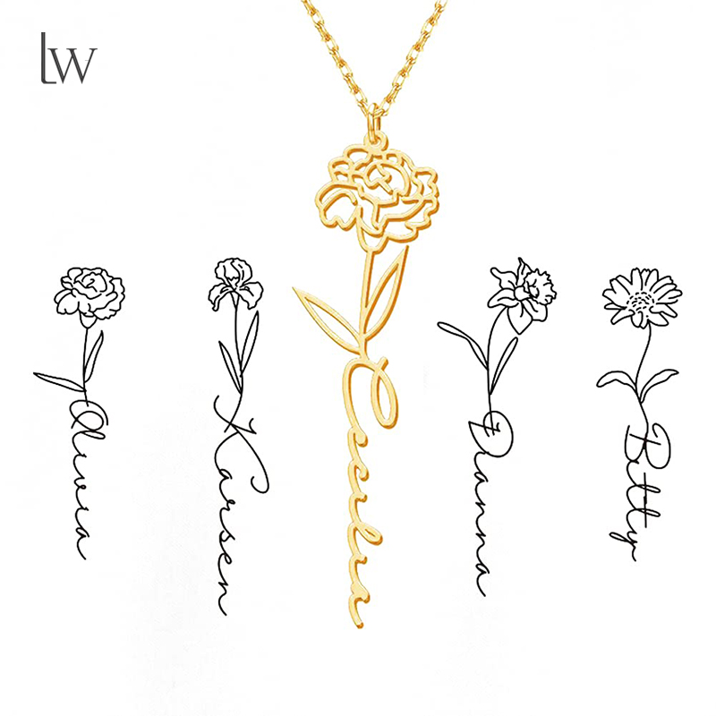 Birth Flower Necklace - Spersonalizowany naszyjnik z imieniem kwiatu narodzin